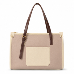 A structured tote bag in beige canvas with dark brown faux-leather handles and trim, featuring a large beige front pocket and gold-tone hardware, shown on a plain white background.