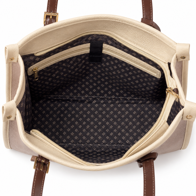Open view of a tote bag showing the cream-colored exterior, brown leather handles, and a dark patterned interior lining with a zippered pocket.