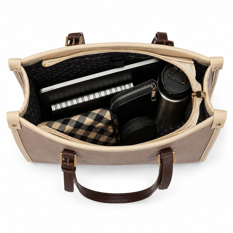 An open beige and brown tote bag shown from above, revealing its interior storage capacity with a black patterned lining, a notebook, a wallet, a tumbler, and a plaid fabric insert on a white background.